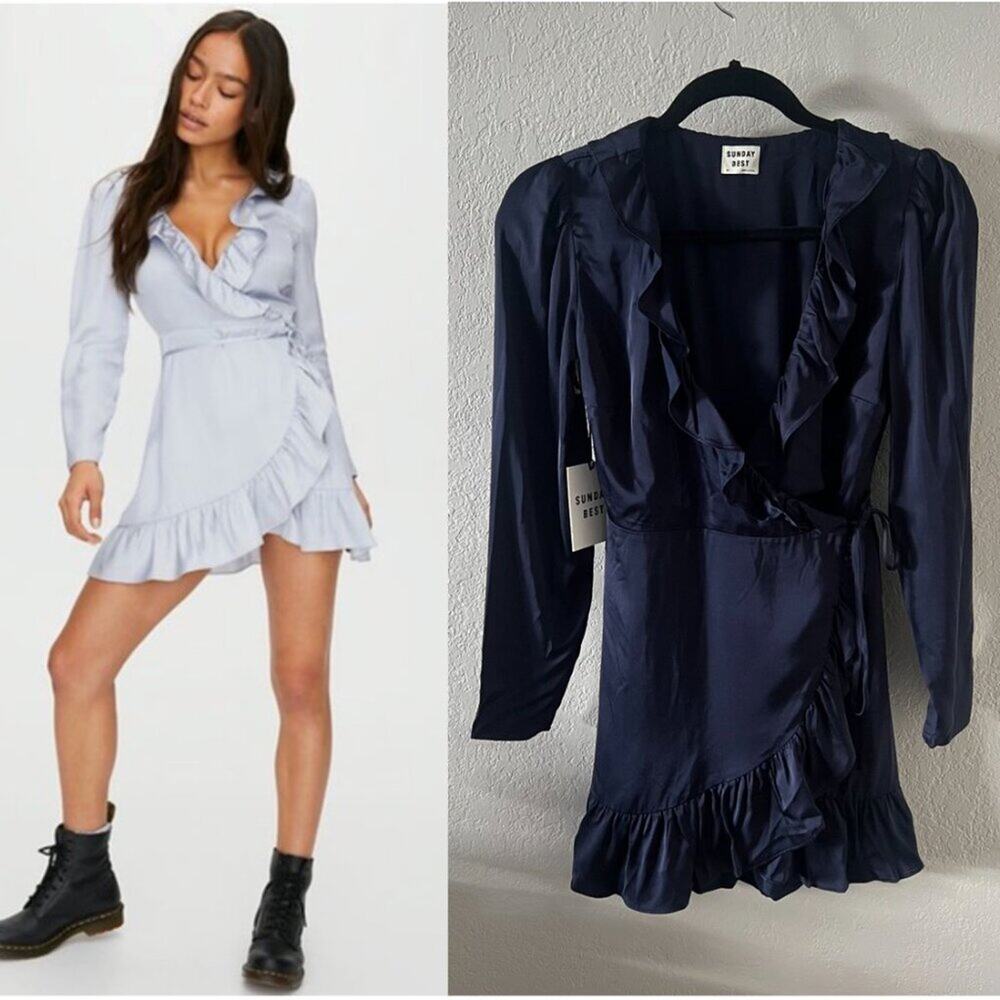 Aritzia Sunday Best Taro Satin Ruffle Mini Wrap Dress